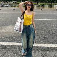 MAOZHUXIA เสื้อเสื้อบังทรงผ้าฝ้ายเซ็กซี่สีเหลืองตัวอักษร