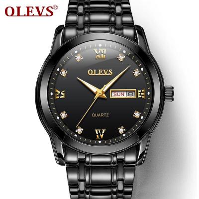 OLEVS นาฬิกาผู้ชายเหล็กกล้าไร้สนิมหนักวันที่และสัปดาห์,นาฬิกาข้อมือควอตซ์นาฬิกาข้อมือสำหรับผู้ชายมือเรืองแสงกันน้ำ