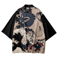 เสื้อคาร์ดิแกนซามูไรญี่ปุ่น Ukiyo-E ดราก้อนคานากาว่า,เสื้อเสื้อคอสเพลย์กิโมโนพิมพ์ลายคลื่นฮาราจูกุชายสำหรับผู้หญิงเสื้อผ้ายูกาตะ