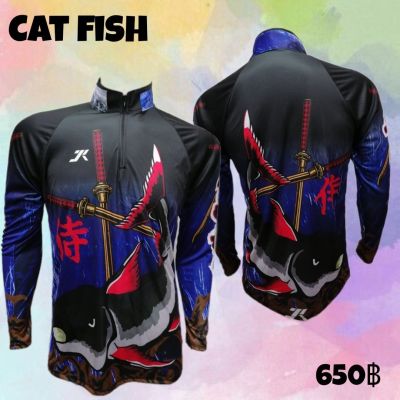 เสื้อตกปลา JK THAILAND ลาย CAT FISH สีน้ำเงิน  ป้องกันรังสี UV 80-90% สีไม่ตก แห้งเร็ว