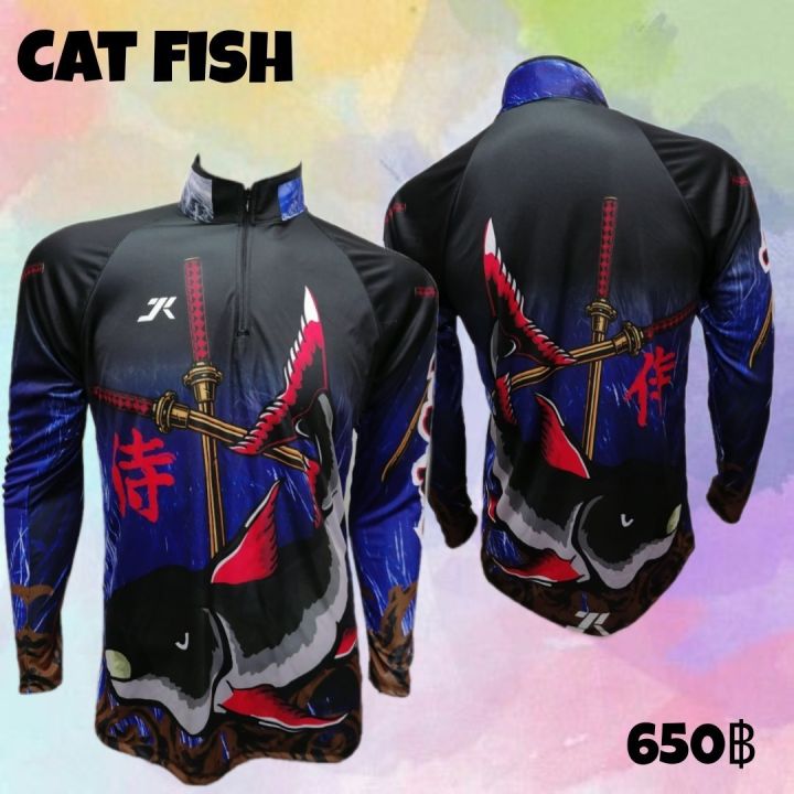 เสื้อตกปลา-jk-thailand-ลาย-cat-fish-สีเขียว-ป้องกันรังสี-uv-80-90-สีไม่ตก-แห้งเร็ว