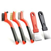 Wire Brush Set with Scraper 5Pcs - Nylon/Brass/Stainless Steel Bristles with Curved Handle Grip for Rust Removal