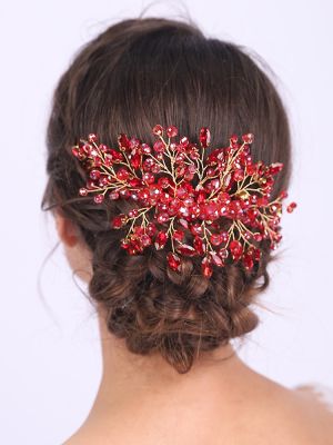 Exotic Shiny Red Crystal Headwear Wedding Bridal Hair Comb Decorative Charm Stage show Hair Vine for women