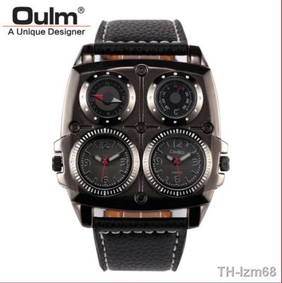 ⌚ นาฬิกา Oulm big dial fashion leisure mens watch dial double time zone compass thermometer men quartz watch