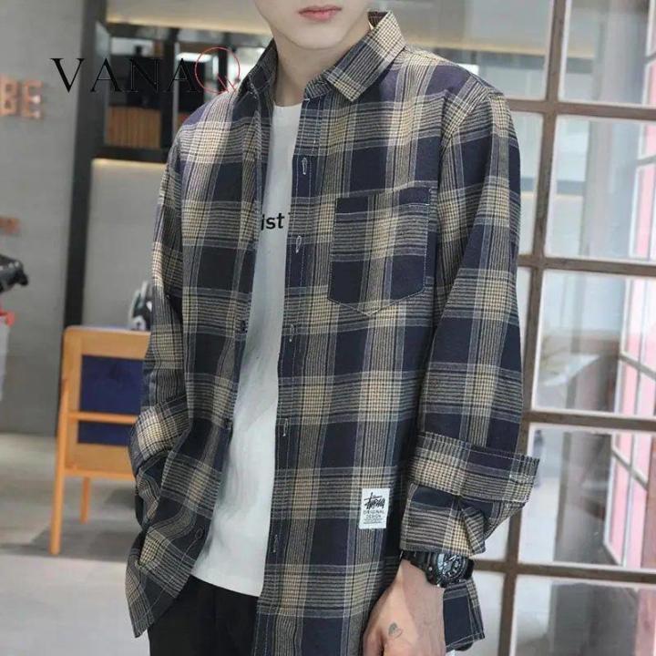 Vanaq Plaid Shirt Lelaki Lelaki Longgar Korea Lengan Panjang Fesyen ...