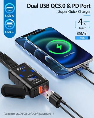 Charger12V มอเตอร์ไซค์ USB ที่ชาร์จได้อย่างรวดเร็วพร้อมเครื่องวัดจอแสดงแรงดันไฟฟ้ากันน้ำสำหรับ Kawasaki Surron Honda ศูนย์