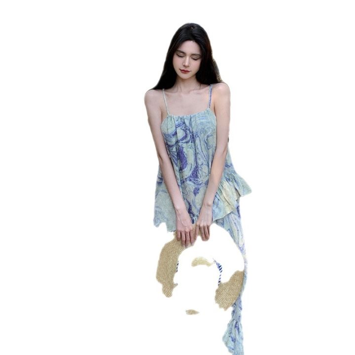 the-new-shading-printed-blue-purple-green-ruffled-skirt-with-shoulder-straps-vacation-seaside-wind-sweet-dress