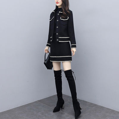 Autumn Winter Women High Quality Woolen Jacquard Office Suit Jacket Coat Top And Pencli Mini Skirt Two Piece Set Plus Size S-4XL