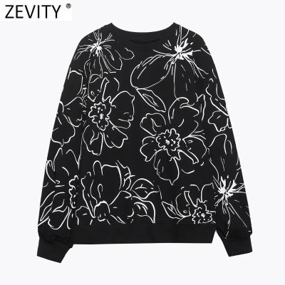 Zevity 2022 New Women Leisure Abstract Line Print Casual Sweatshirts Female Basic O Neck Brand Hoodies Chic Pullovers Tops H607