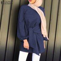 Fashion Muslim Tops Womens Autumn Blouse ZANZEA Casual Long Sleeve Shirts Female Solid Lace Up Shirts Islam Clothing