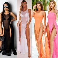 【YF】 Sexy Womens Mesh Sheer Long Dress Ladies Bikini Cover Up Beach Sundress Solid See-through Sleeveless Strap