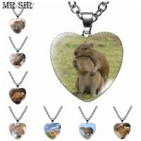 Cute Capybara Heart Pendant Necklaces Cartoon Animal Photo Glass Cabochon Necklace Long Chain Jewelry for Friend Gift Wholesales