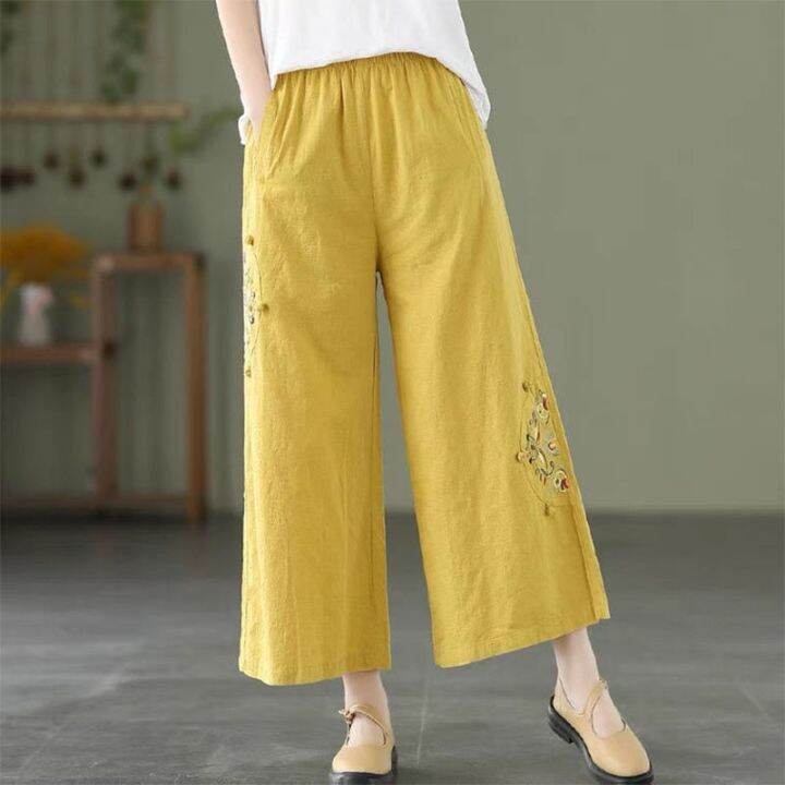 Female Cotton Linen Wide Leg Pants Embroidery Plus Size Solid Women