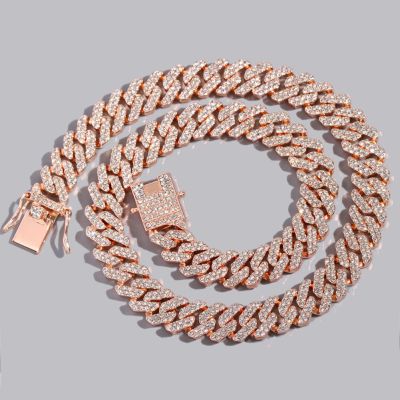 【CW】12MM Rose Gold Color Miami Cuban Link Chain Necklace Iced Out Bling Rhinestone Cuban Choker Necklace Women Men Hip Hop Jewelry