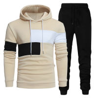 Personality Patchwork Men Tracksuits Hoodies Suits Men Hoodies+Pants Two Piece Set Autumn Winter Warm Hooded Pullover Suits