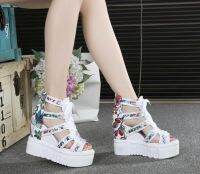 Korean-style Sandals Womens Ultra-High-Heel Thick Bottomed Platform Gladiator Sandals Fashion Cross Sandal Boots 11 Cm Bandage Cloth Fish Mouth Breathable Shoes