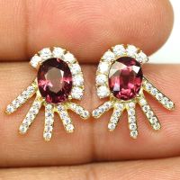 ต่างหูพลอยแท้โกเมนชมพูม่วง 6x 8 mm. และ เพชรcz  เงินแท้925 ชุบทองคำ18k