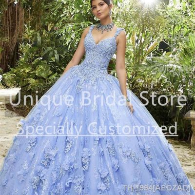 ❀❀♟ AEOZAD Vestido de baile Quinceanera azul claro com aplique decote em v cinta espaguete cordões vestido 16 Cinderela