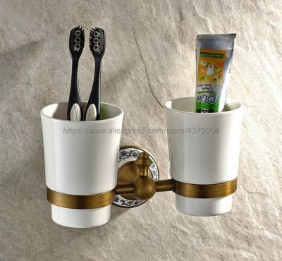 ↂ Antyczny mosiądz łazienka akcesoria do montażu na ścianie uchwyt na szczoteczki do zębów z dwa kubki ceramiczne Nba408