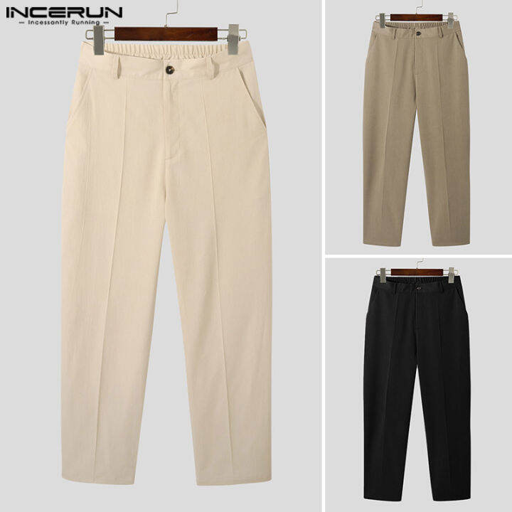 incerun-กางเกงขายาวลำลองขาตรงสำหรับผู้ชายวินเทจ-chino-กางเกงขายาวทรงหลวมสำหรับออฟฟิศ-สไตล์เกาหลี