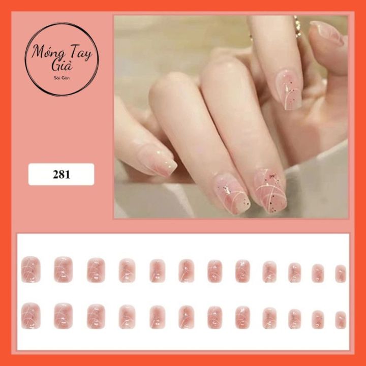 Bộ nail 24 móng tay giả màu hồng nhạt kim tuyến, họa tiết hot ...