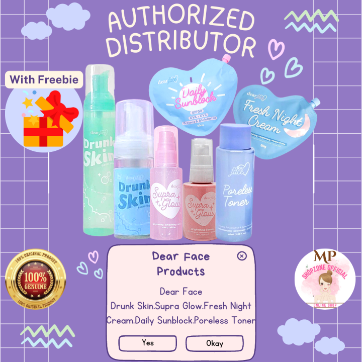 Dear Face Drunk Skin, Supra Glow, Fresh Night Cream, Daily Sunblock, Poreless Toner Lazada PH