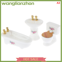 Wanglianzhon 3ชิ้น1:24บ้านตุ๊กตาชุดห้องน้ำอ่างอาบน้ำพอร์ซเลนพรมเช็ดเท้าห้องน้ำหญ้า