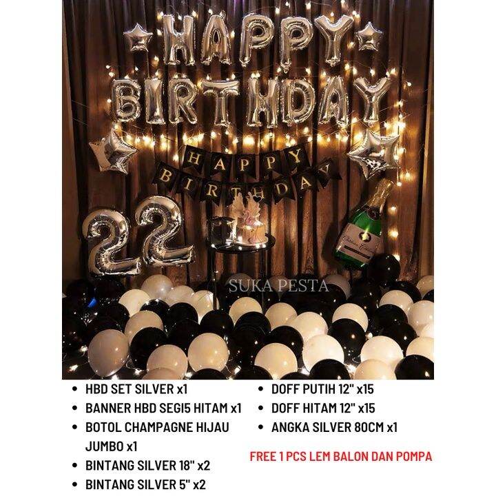 PAKET DEKORASI ULANG TAHUN B&W CHAMPAGNE / SET DEKORASI ULANG TAHUN