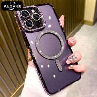 AUOVIEE เคสชาร์จไร้สายแวววาวหรูหรา Magsafe โปร่งใสสำหรับ iPhone 14 13 12 11 Pro Max Plus กันชนแม่เหล็กเคสโทรศัพท์ติดเพชร