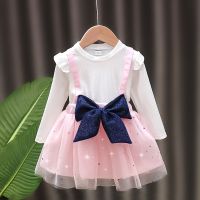 [COD] foreign style dress spring and autumn baby fake 2 pieces childrens Korean version mesh strap little girl princess