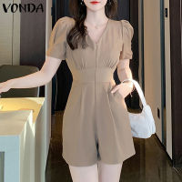 (จัดส่งฟรี)Fancystyle VONDA ชุดผู้หญิงคอวี,จั๊มสูททำงานแขนพอง