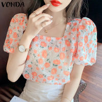 Fancystyle VONDA เสื้อผู้หญิงแขนพองคอเหลี่ยม,เสื้อสวมหัวพิมพ์ลายดอกไม้ลำลองสำหรับวันหยุด