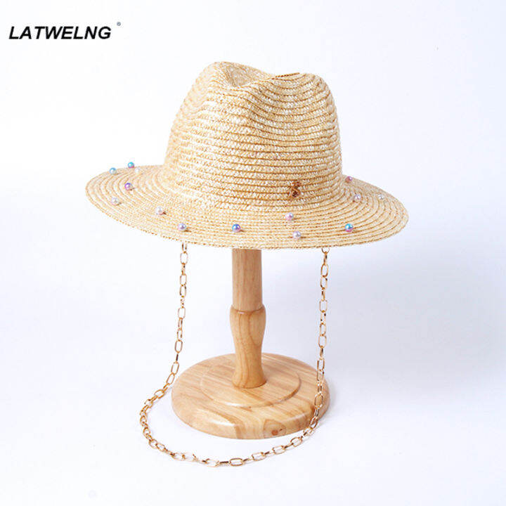 luxury-desige-pearl-straw-fedoras-หมวกโลหะ-chain-ผู้หญิงฤดูร้อน-sun-หมวกสุภาพสตรี-tea-party-หมวกคอ-flap-หมวกปานามา