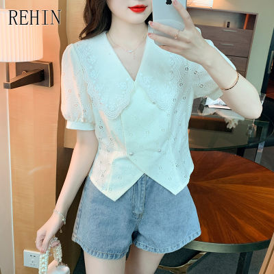 REHIN Women S Top Summer New Korean Version All-Match Doll Collar Short-Sleeved Shirt Lace Elegant Blouse