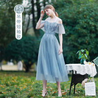 Women Gauze Flowers A-line Tea-length High Waist Slim Fashion Simple Solid Color Blue Pink Graduation Bridesmaid Dresses