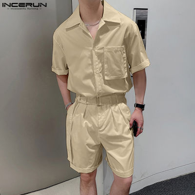 INCERUN ชุดสูทลำลองสำหรับใส่ไปชายหาดกางเกงขาสั้นสำหรับวันหยุดชุดเดรสผู้ชายแขนสั้น (สไตล์เกาหลี)