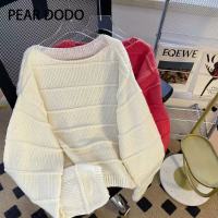 PEAR DODO คอกลมหลวมฉบับภาษาเกาหลีและเสื้อแขนยาวมือหนึ่งถักขี้เกียจ