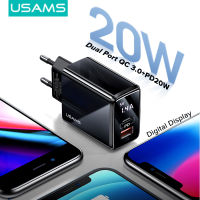 USAMS พอร์ตแบบคู่ Fast Charger QC3.0 + PD 20W ดิจิตอลจอแสดงผลเครื่องชาร์จติดผนังแบบพกพาสำหรับเดินทาง EU Plug