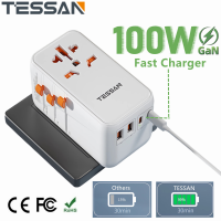 TESSAN 100W GaN International Travel Adapter with  2 Type C GaN Fast Charging + Dual 18W USB A Ports ,Type C Adaptor Universal Adapter, Worldwide Travel Adapter, All-in-one Outlet Adapter Converter SG USA to Europe UK EU AUS (Type C/G/A/I)