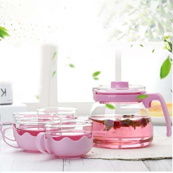 Tea Pot Set Kaca 5 In 1 / 1 Teko Set Kaca / 4 Cangkir Kopi Pink