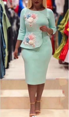 Women Floral Elegant Party Dresses Fashion Round Neck Slim Office Lady Dresses Long Sleeve Casual Solid Color Midi Dress 2023