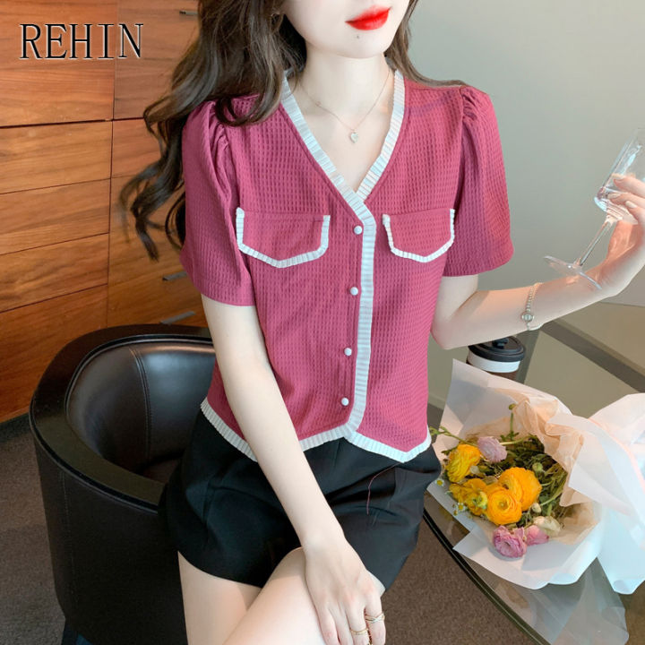 เสื้อสตรี-rehin-ใหม่คอวีแขนสั้นสไตล์ฝรั่งเศส-niche-chic-design-เสื้อหรูหรา