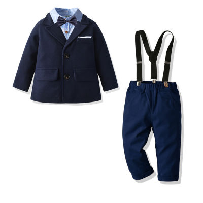 4pcs Baby Boy Formal Clothes Set Children Wedding Baptism Party Gentleman Outfits Navy Blazer Blue Shirts Cotton Pants Bow Ties