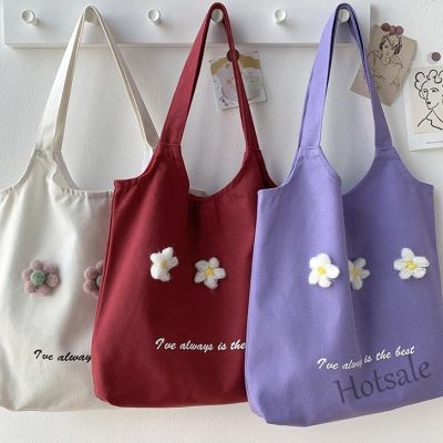 【hot sale】◕✢ C16 New girl flower canvas bag womens single shoulder tote bag Japanese Korean style large-capacity student ins vest bag