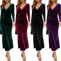 ZZOOI Velvet Wrap Buttocks Skirt Sexy V-neck Slim Fitting Elegant Cocktail Party Fishtail Dress Evening Long Sleeves Office Lady Dress