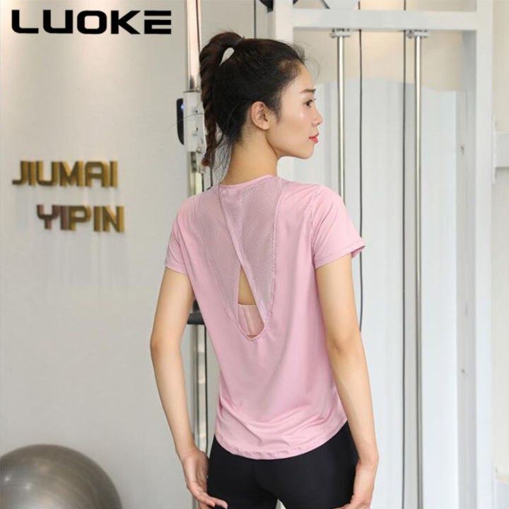 luoke-2021โยคะหลวม-slimming-เสื้อยืดกีฬาผู้หญิงแห้งเร็วชุดเสื้อผ้าเล่นโยคะ-top