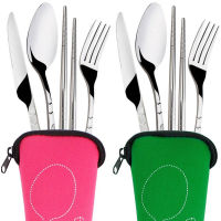 4 Pcs/Set Stainless Steel Fork Spoon Chopsticks Travel Camping Cutlery Tools Portable Tableware Spoon Fork Knife Steel Cutlery Flatware Sets