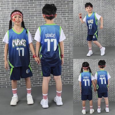 Kids Fake Two-Piece Jersey NBA Dallas Mavericks Luka Doncic No.77Boys Girls Basketball Jersey Pants Sets Clothing Suits