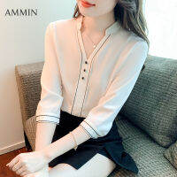 AMMIN เสื้อเชิ้ตผ้าชีฟองคอวีสีขาวสำหรับผู้หญิง,เสื้อเบลาส์สะดวกสบายหรูหราแขนสั้นเดินทางแขน7ส่วนชุดเดรสลูกไม้สไตล์ฉบับภาษาเกาหลีใหม่ฤดูร้อน