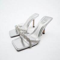 2023 ZARAˉSummer New Transparent Rhinestone Slip-on Slippers with Silver Shiny Embellishment High Heel Sandals